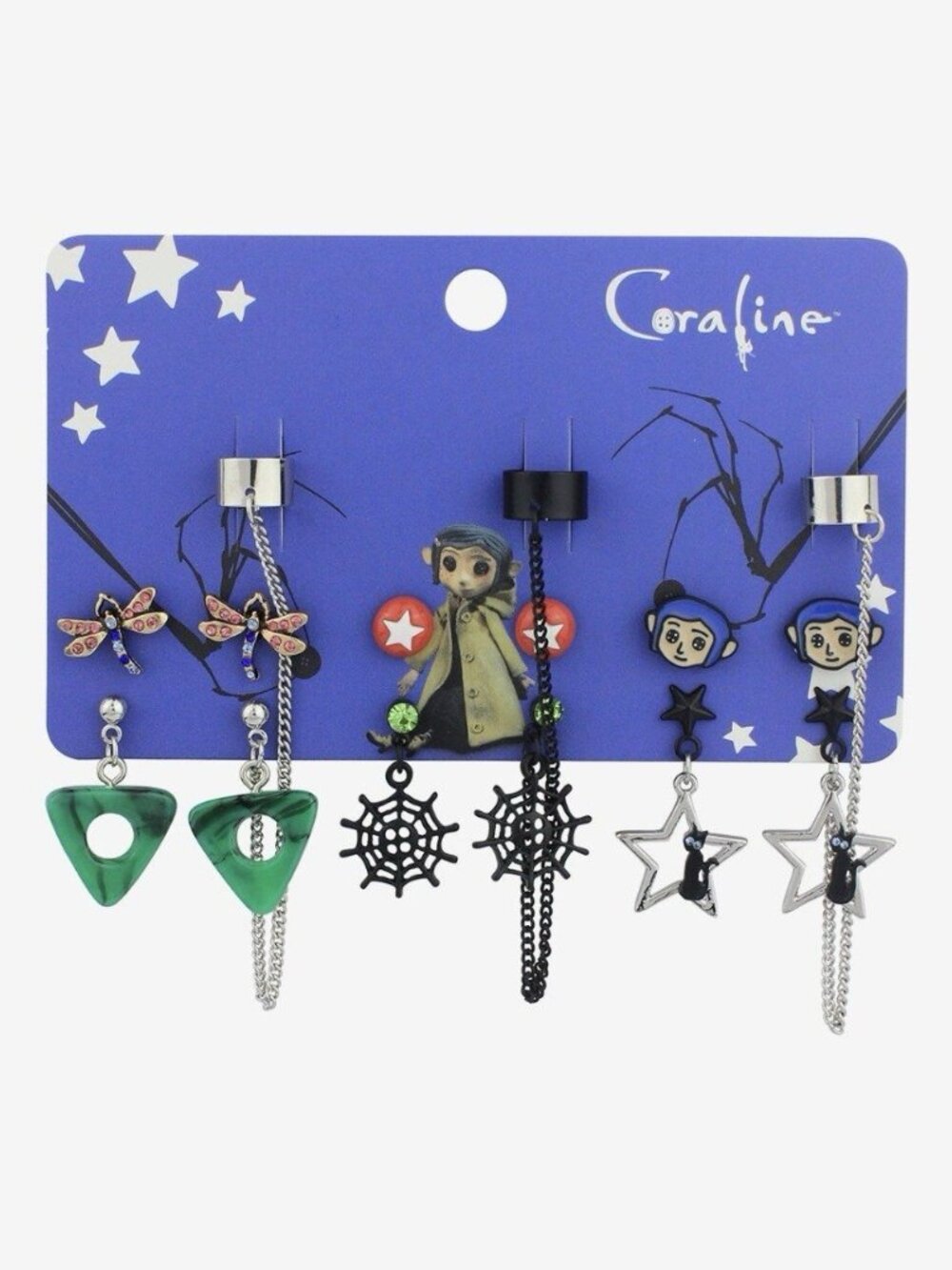 Coraline Icons Cuff Earring Set Of 6 Dragonfly Cat Stone Web Star NEW